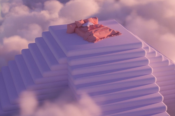 Ein futuristische Animation in rosa, lila und pink Tönen, die eine Treppe in den Wolken zeigt, auf der ein Bett thront.