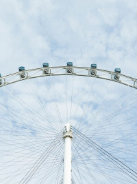 weißes Riesenrad mit blauen Kabinen vor leicht bewölktem Himmel